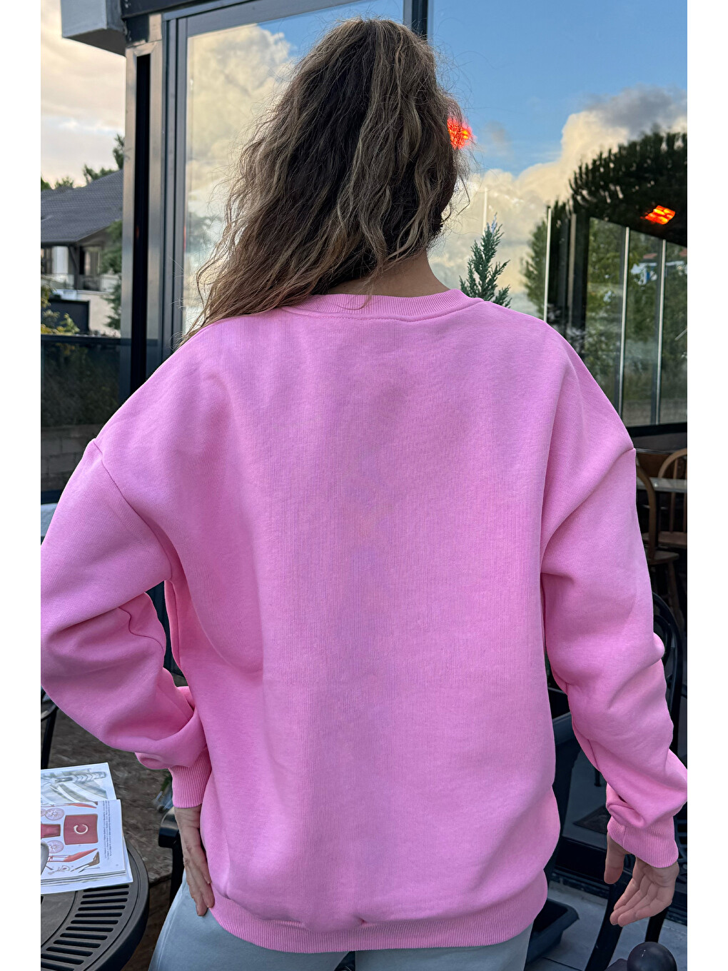 Pembe Bisiklet Yaka Üç İplik Şardonlu Kadın Sweatshirt-1