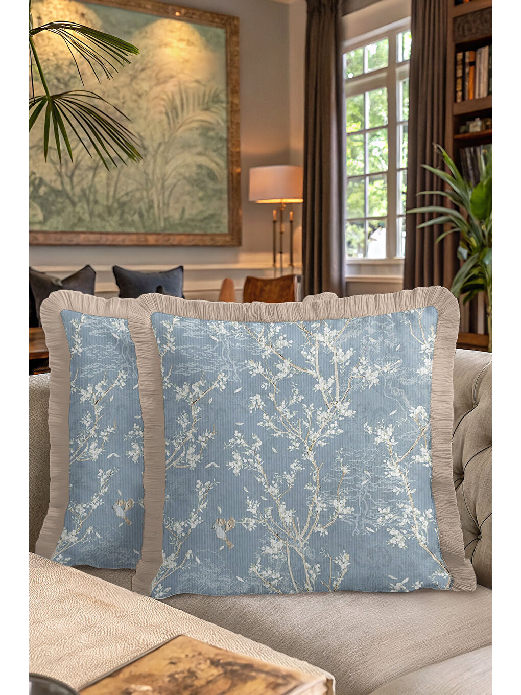 Karışık Zarif Çiçek Motifli Saçaklı Yastık Kılıfı - Doğal Mavi Klasik Pastoral Bej Püsküllü Kırlent Kılıfı-7