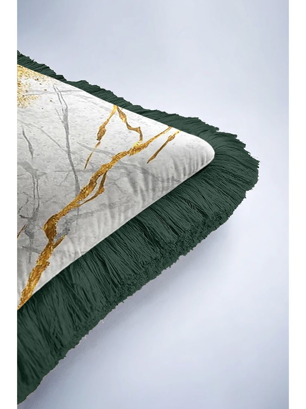 Karışık Zümrüt Mermer Işıltılı Saçaklı Yastık Kılıfı - Lüks Modern Altın Renkli Püsküllü Kırlent Kılıfı-6