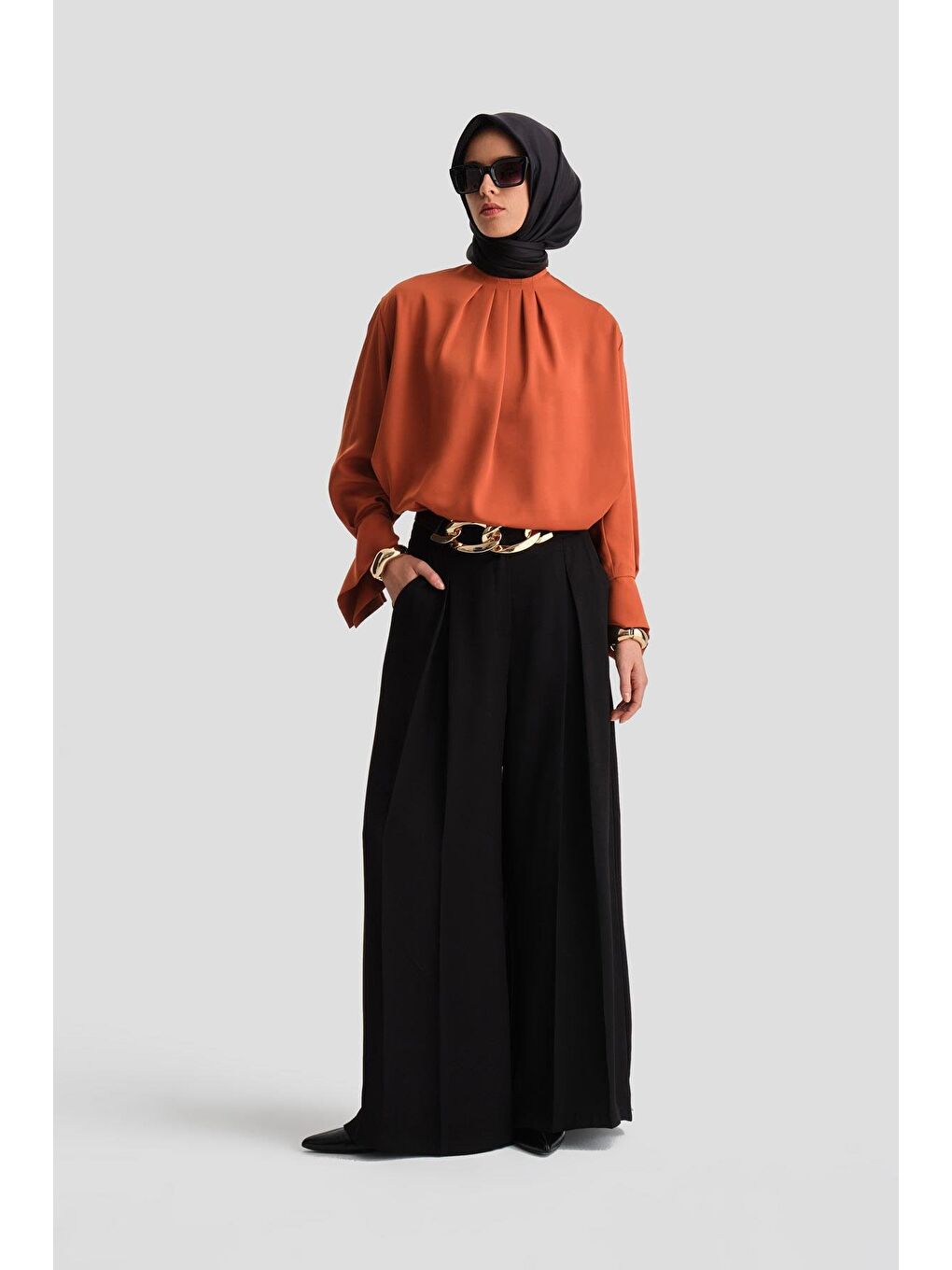 Kırmızı Manşeti Kuşaklı Bluz 24K3612 Kiremit