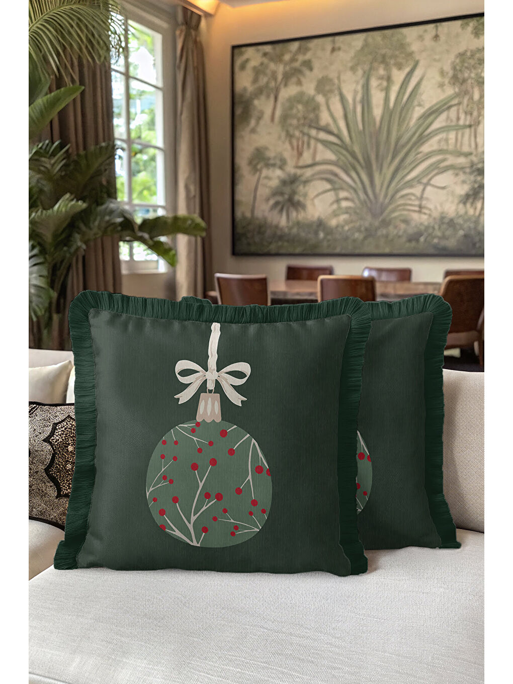 Karışık Yılbaşı Süslemeli Saçaklı Yastık Kılıfı - Çam Tema Modern Koyu Yeşil Kırmızı Püsküllü Kırlent Kılıfı-5