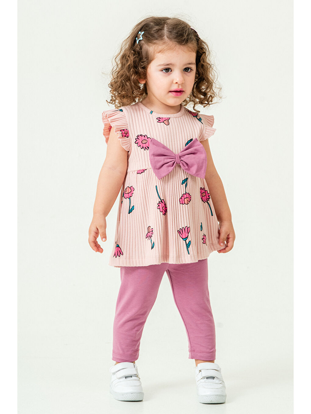 Pembe Kız Bebek Çiçekli Badili Kurdele Detaylı Taytlı Takım 6-24 Ay Pudra 016-3