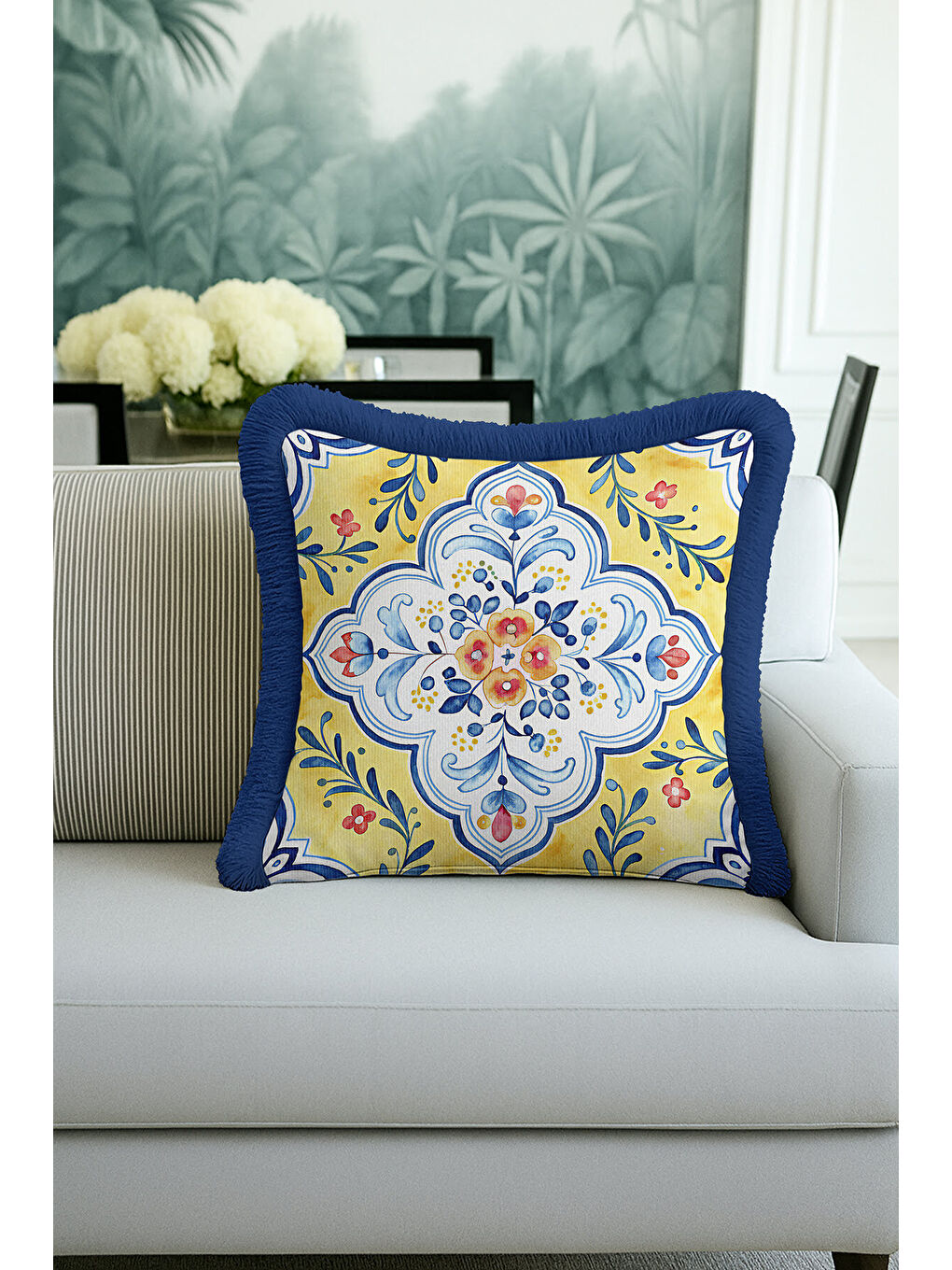 Karışık Saray Çini Motifli Saçaklı Yastık Kılıfı - Akdeniz Etnik Sarı Mavi Püsküllü Kırlent Kılıfı-3