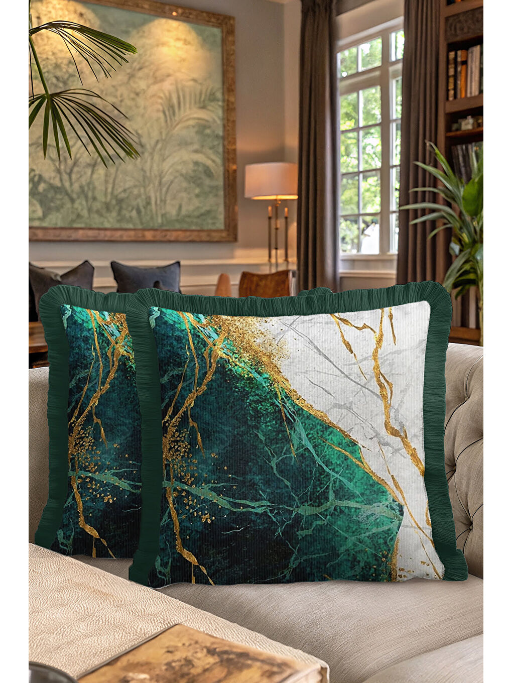 Karışık Zümrüt Mermer Işıltılı Saçaklı Yastık Kılıfı - Lüks Modern Altın Renkli Püsküllü Kırlent Kılıfı-7