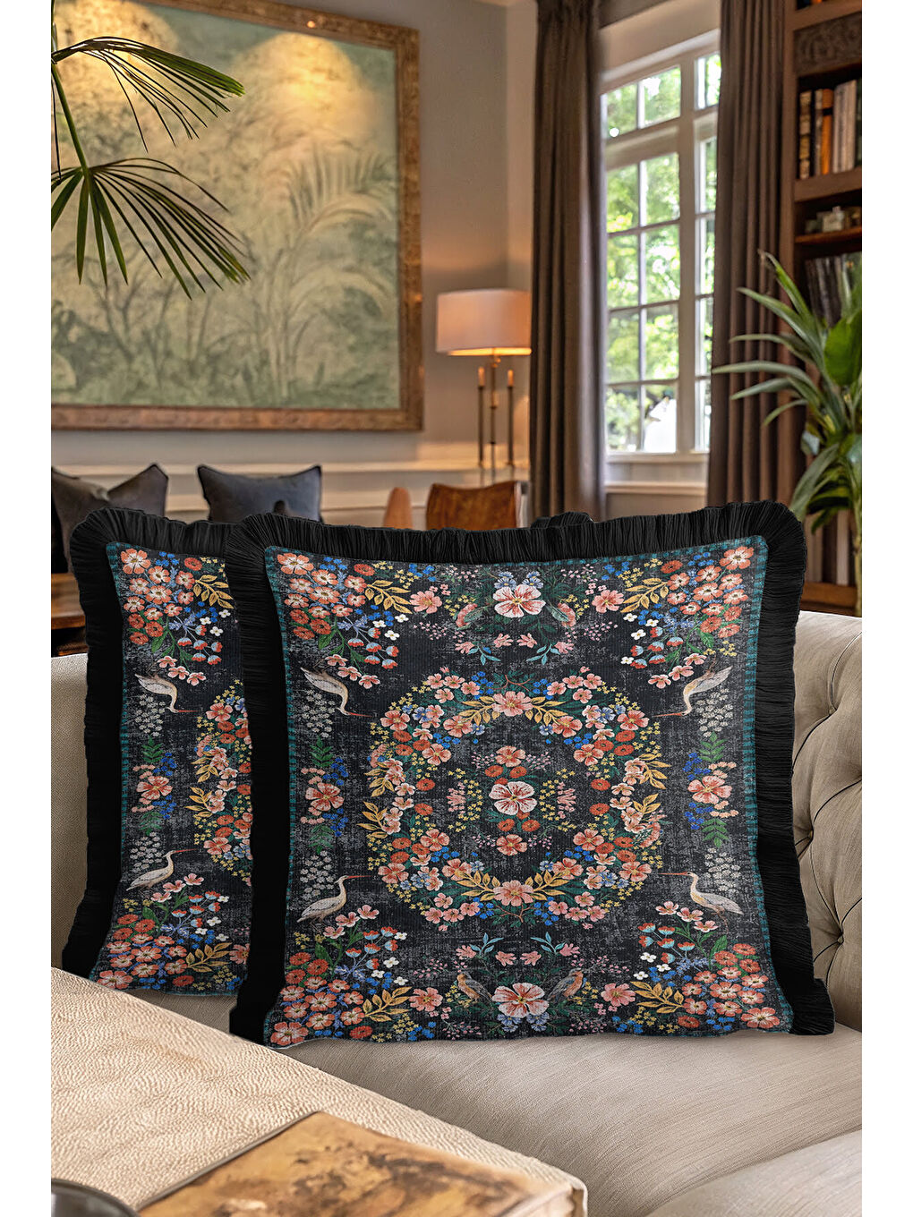 Karışık Lüks Çiçekli Saçaklı Yastık Kılıfı - Kuş Motifli Nostaljik Siyah Püsküllü Kırlent Kılıfı-7