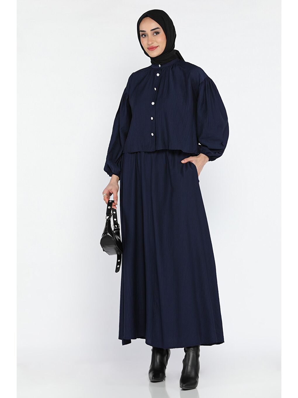 Lacivert Cep Detaylı Etek Gömlek Tesettür İkili Takım-1