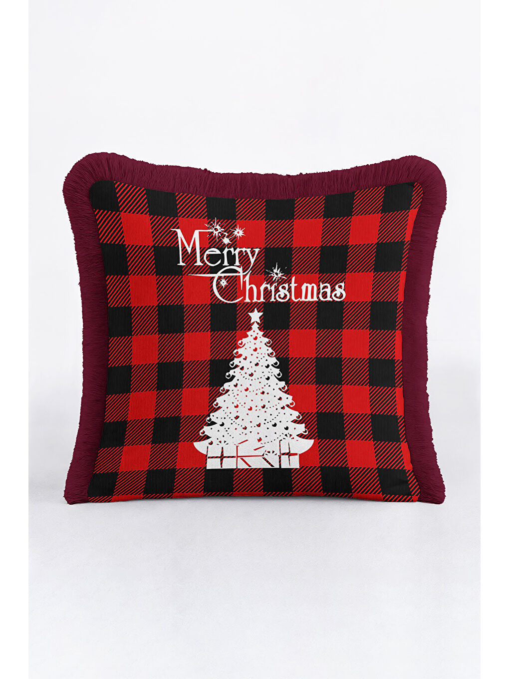 Karışık Kırmızı Ekose Saçaklı Yastık Kılıfı - Kış Temalı Modern Beyaz Siyah Püsküllü Kırlent Kılıfı