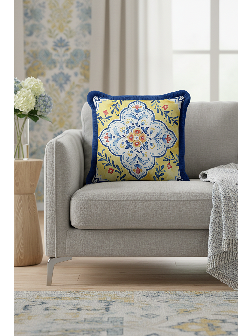 Karışık Saray Çini Motifli Saçaklı Yastık Kılıfı - Akdeniz Etnik Sarı Mavi Püsküllü Kırlent Kılıfı-4