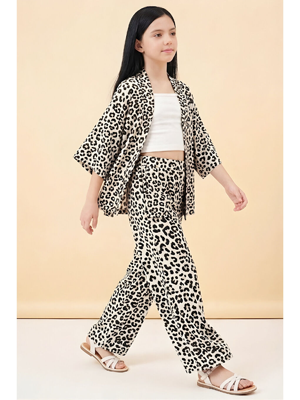 Ekru Kız Çocuk 3'lü Takım -Rotasyon Desenli Ceket+Pantolon+Badi 5-14 Yaş 12579HC-1