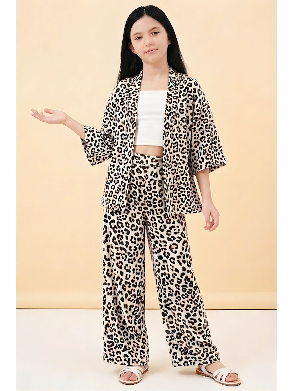 Ekru Kız Çocuk 3'lü Takım -Rotasyon Desenli Ceket+Pantolon+Badi 5-14 Yaş 12579HC-2