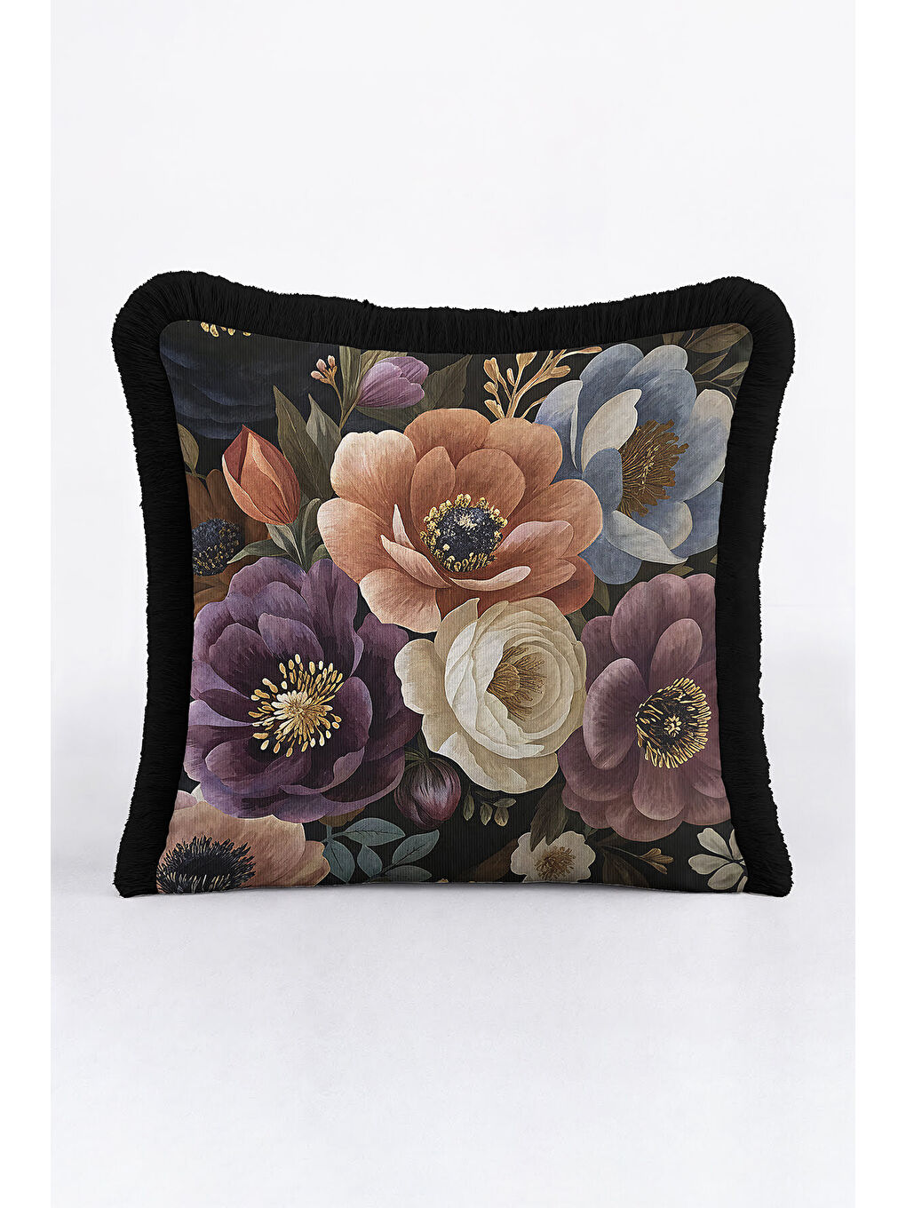 Karışık Zengin Çiçek Bahçesi Saçaklı Yastık Kılıfı - Bohem Lüks Siyah Altın Renkli Püsküllü Kırlent Kılıfı-1