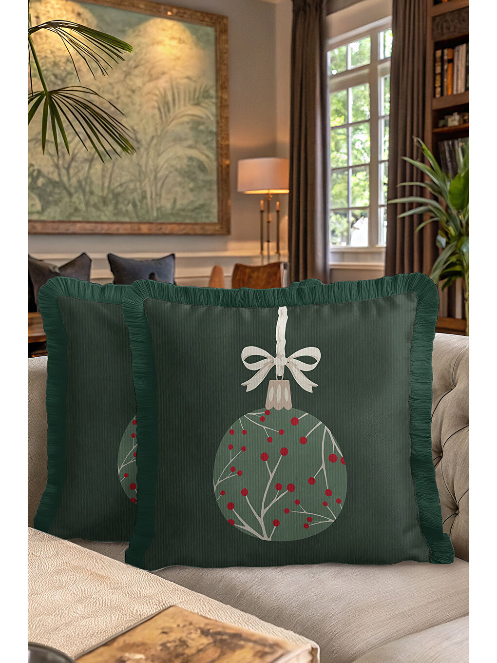 Karışık Yılbaşı Süslemeli Saçaklı Yastık Kılıfı - Çam Tema Modern Koyu Yeşil Kırmızı Püsküllü Kırlent Kılıfı-7