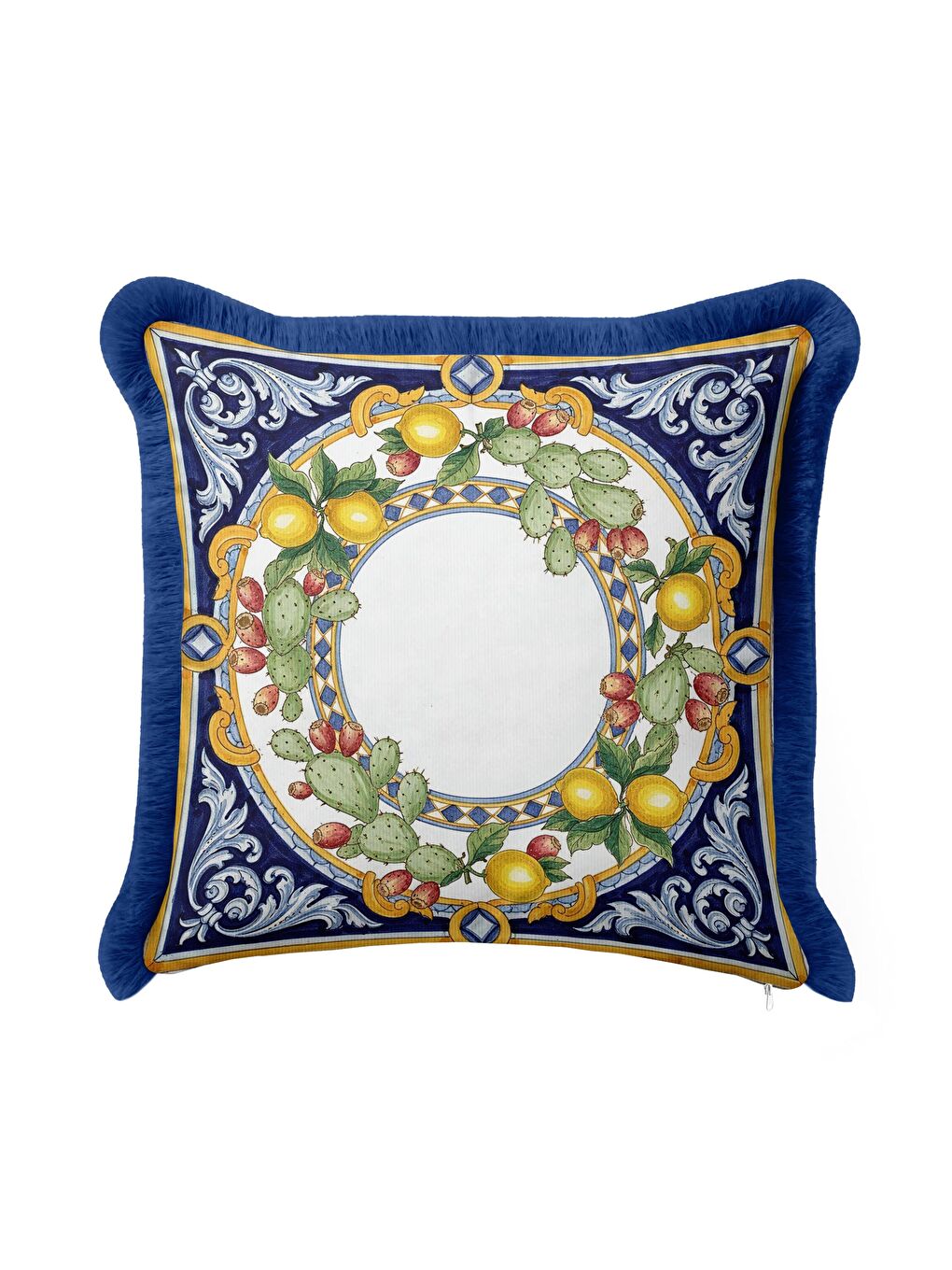 Karışık İtalyan Saray Stili Saçaklı Yastık Kılıfı - Akdeniz Limonlu Klasik Mavi Püsküllü Kırlent Kılıfı