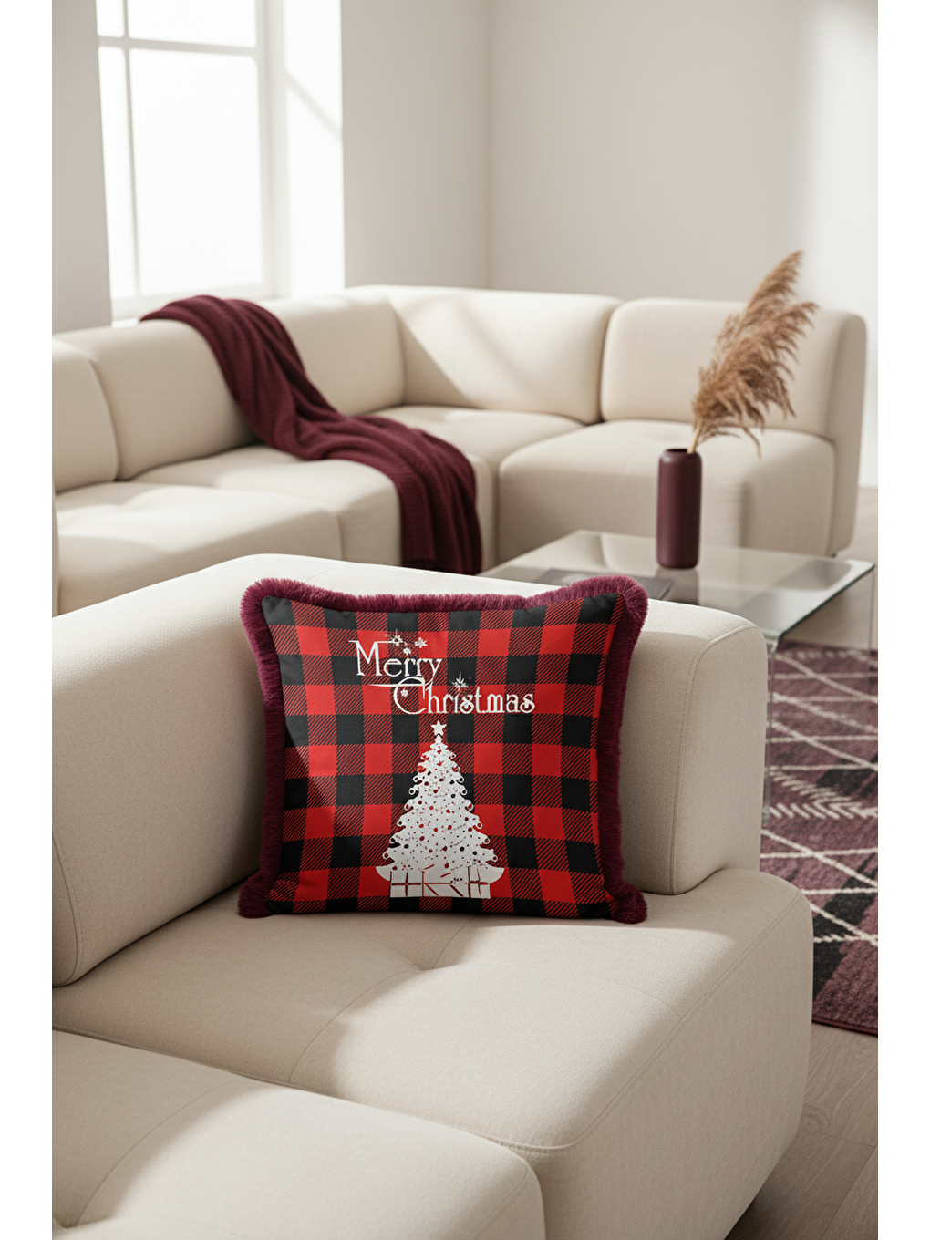 Karışık Kırmızı Ekose Saçaklı Yastık Kılıfı - Kış Temalı Modern Beyaz Siyah Püsküllü Kırlent Kılıfı-1