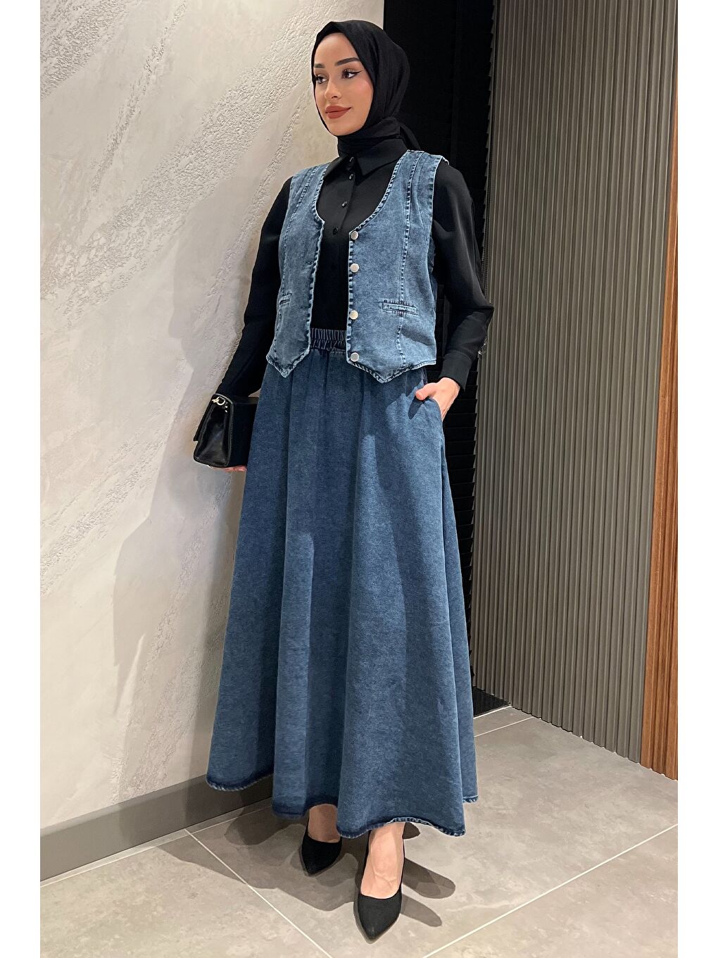 Mavi Tesettür Cepli Etek Yelek Jean Jean İkili Takım-1