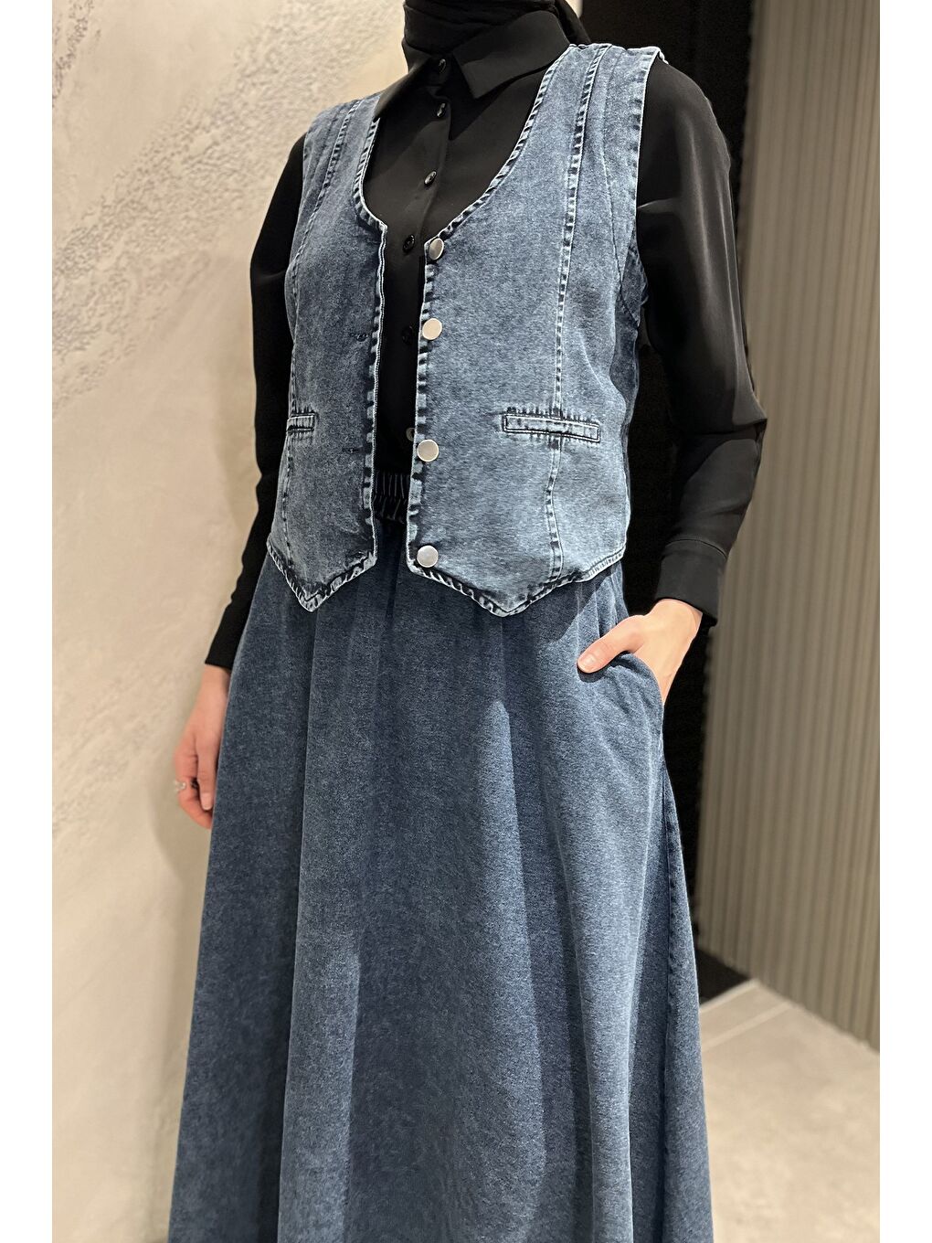 Mavi Tesettür Cepli Etek Yelek Jean Jean İkili Takım-2