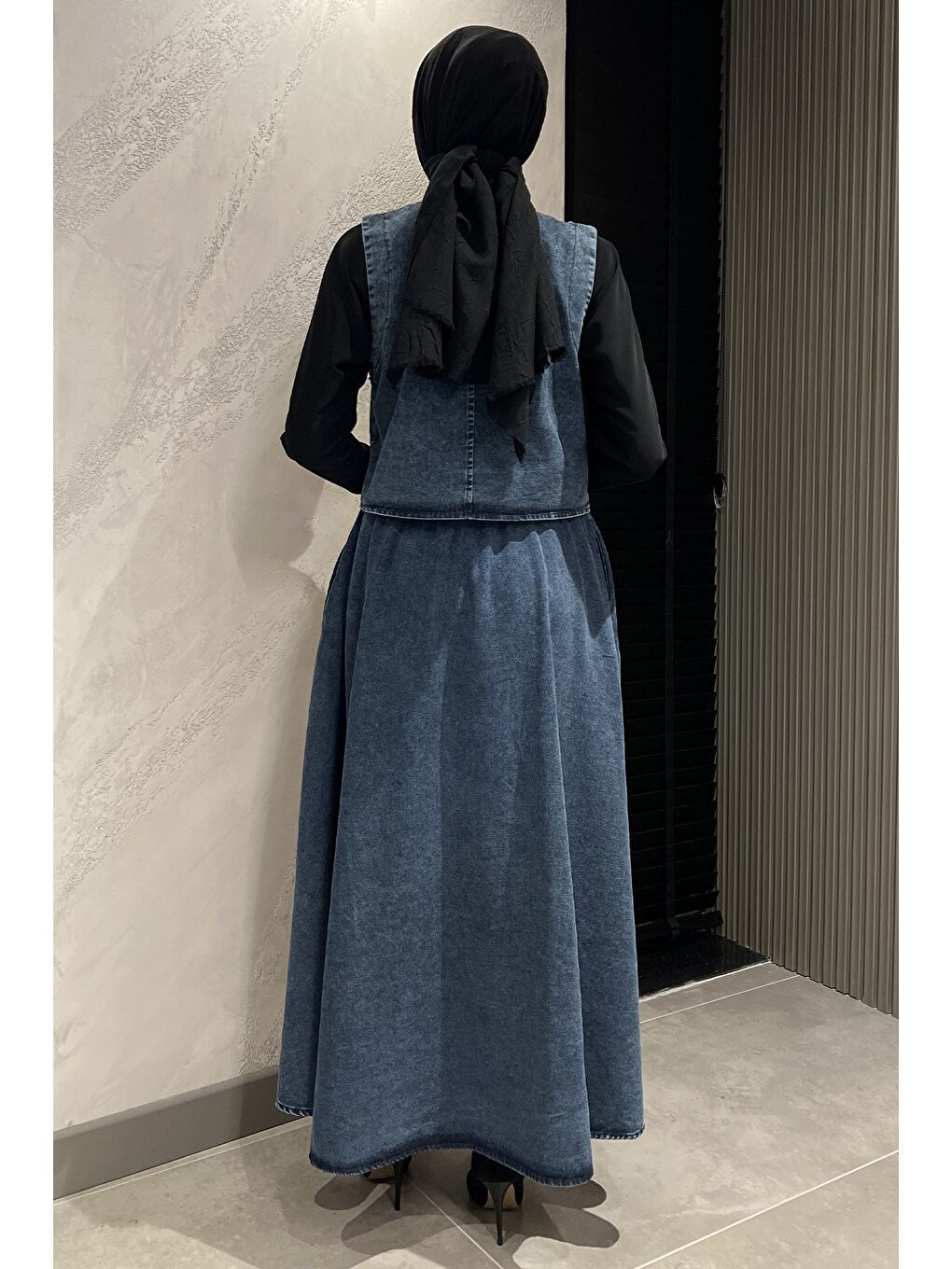 Mavi Tesettür Cepli Etek Yelek Jean Jean İkili Takım-3