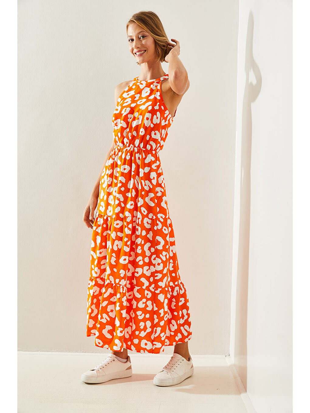 Turuncu Kadın Halter Yaka Elbise-1