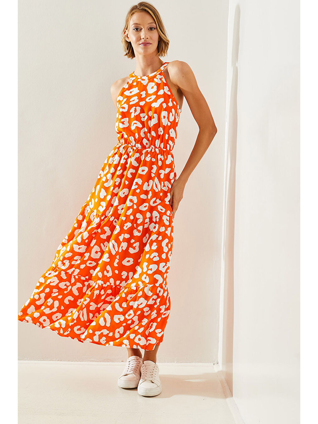 Turuncu Kadın Halter Yaka Elbise-2