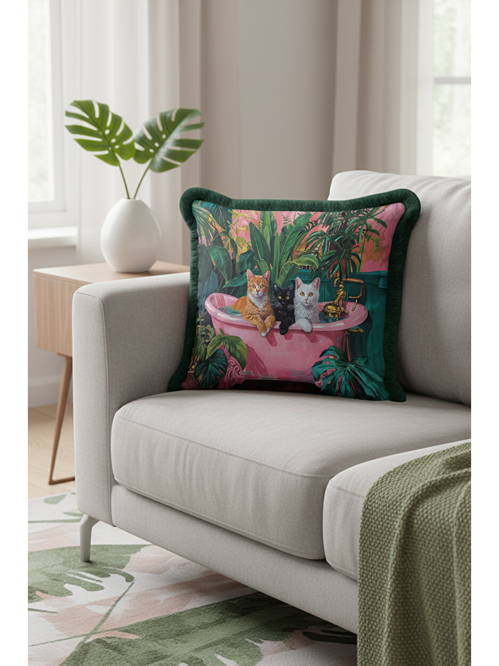Karışık Tropikal Kedi Motifli Saçaklı Yastık Kılıfı - Renkli Banyo Bohem Zümrüt Püsküllü Kırlent Kılıfı