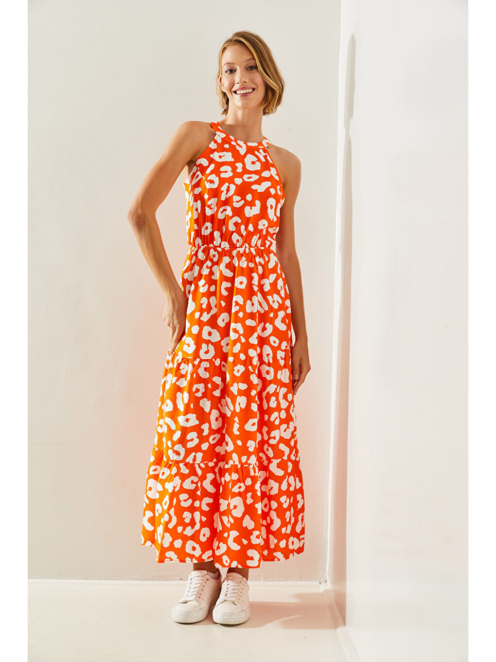 Turuncu Kadın Halter Yaka Elbise-3