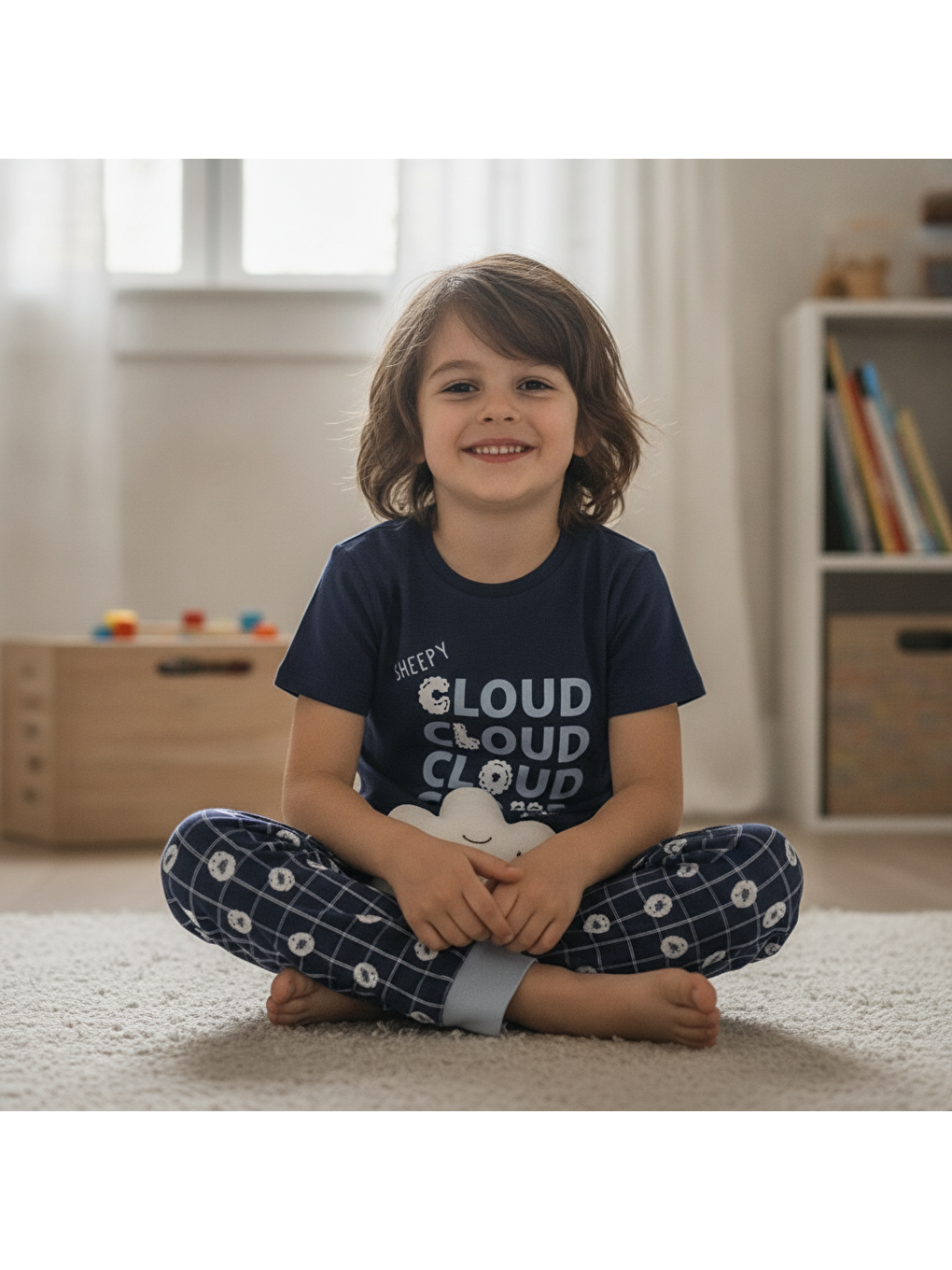 Çocuk Cloud Baskılı Lacivert Renk 2'li Takım Cb1043-1