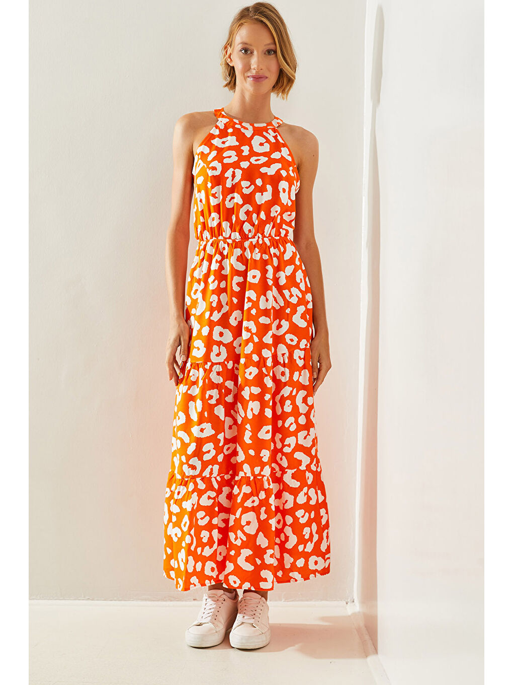 Turuncu Kadın Halter Yaka Elbise-4