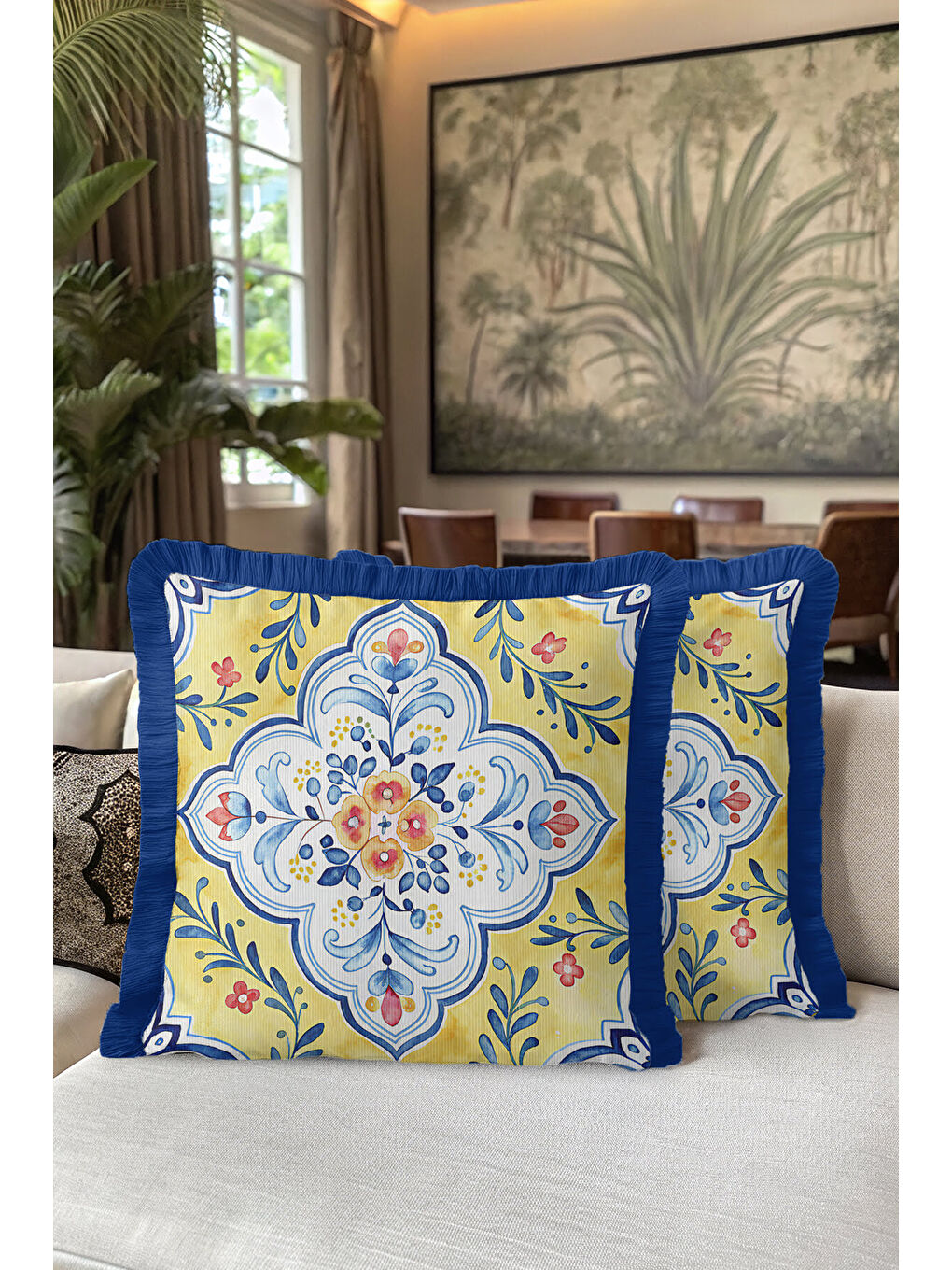 Karışık Saray Çini Motifli Saçaklı Yastık Kılıfı - Akdeniz Etnik Sarı Mavi Püsküllü Kırlent Kılıfı-5