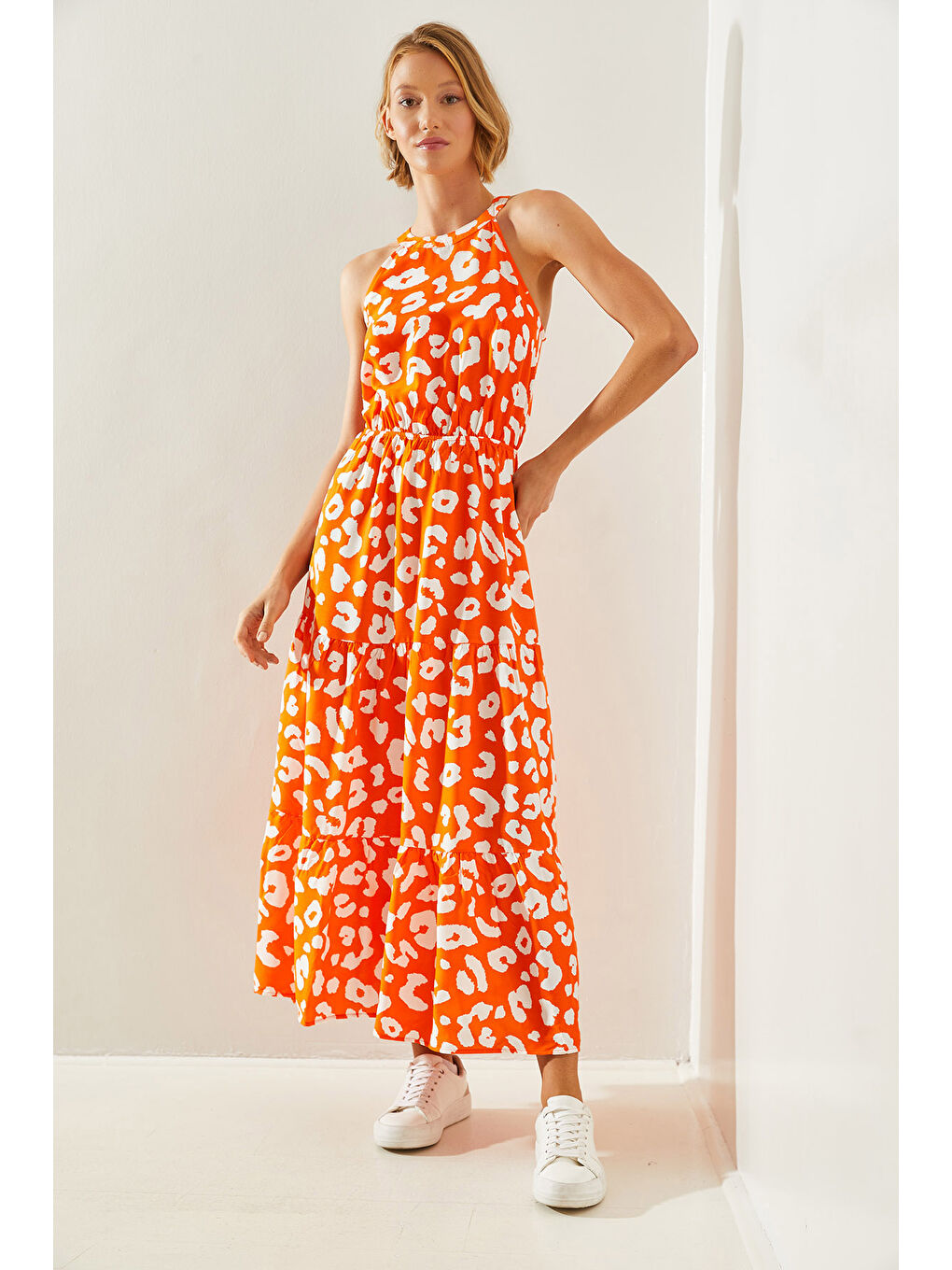 Turuncu Kadın Halter Yaka Elbise-6