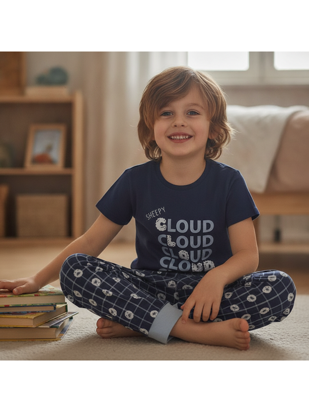 Çocuk Cloud Baskılı Lacivert Renk 2'li Takım Cb1043-3