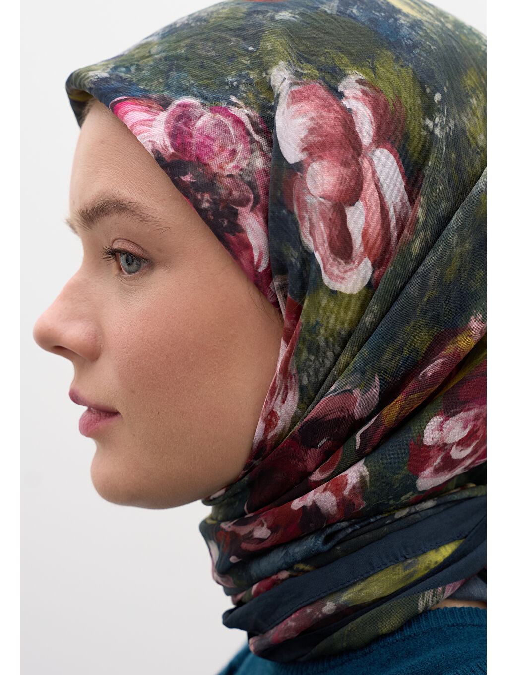 Madeleıne Desen Pamuklu Viskon Eşarp Petrol-3