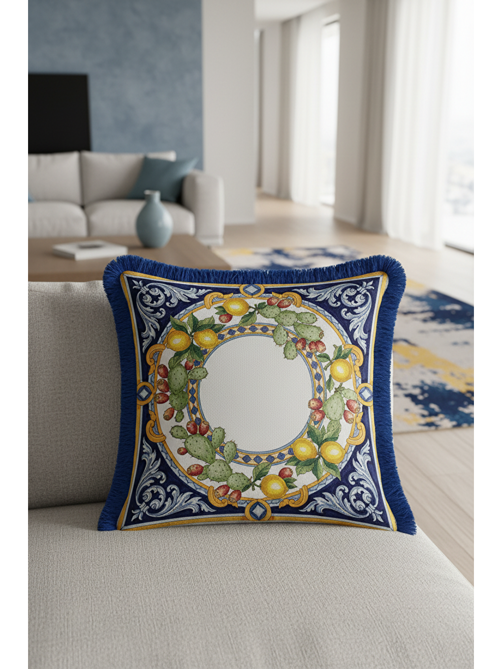 Karışık İtalyan Saray Stili Saçaklı Yastık Kılıfı - Akdeniz Limonlu Klasik Mavi Püsküllü Kırlent Kılıfı-1
