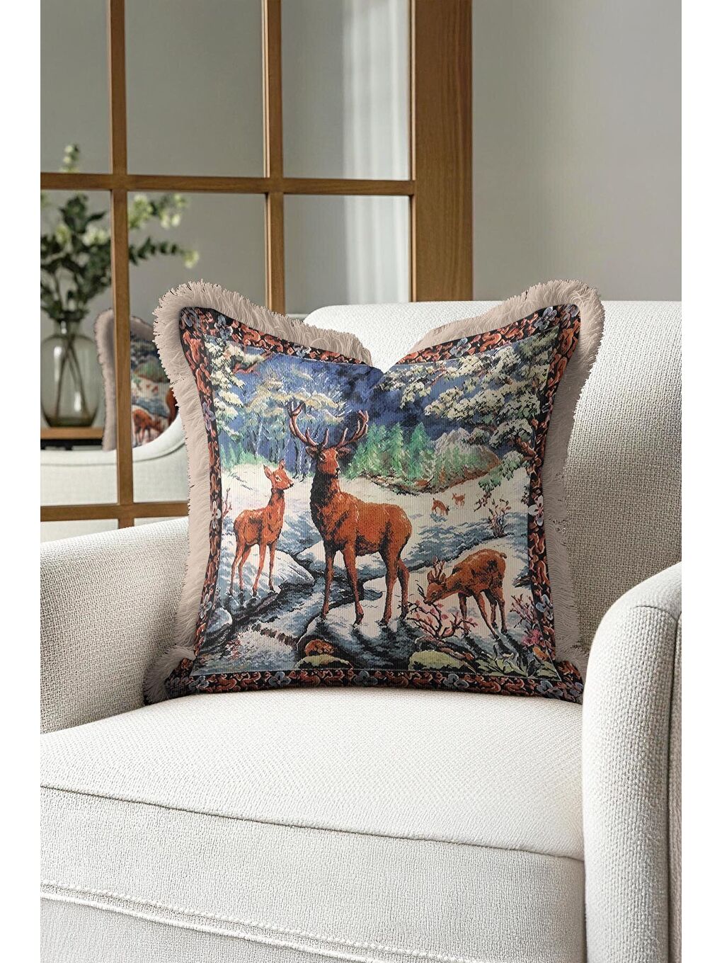 Karışık Lüks Orman Manzaralı Saçaklı Yastık Kılıfı - Geyik Figürlü Rustik Bej Püsküllü Kırlent Kılıfı