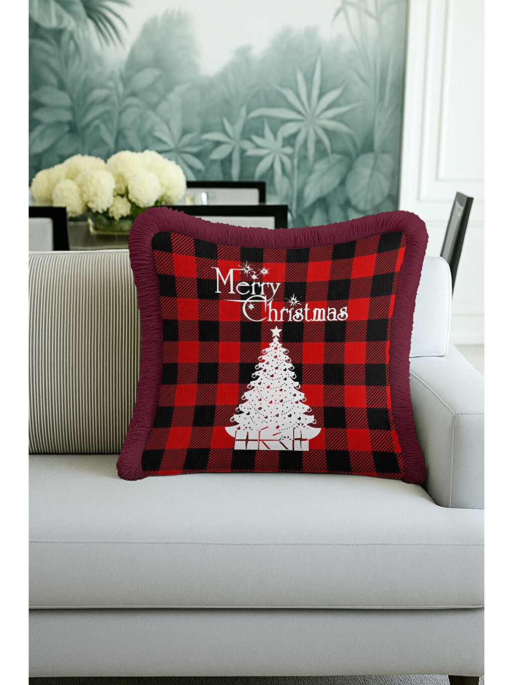 Karışık Kırmızı Ekose Saçaklı Yastık Kılıfı - Kış Temalı Modern Beyaz Siyah Püsküllü Kırlent Kılıfı-2