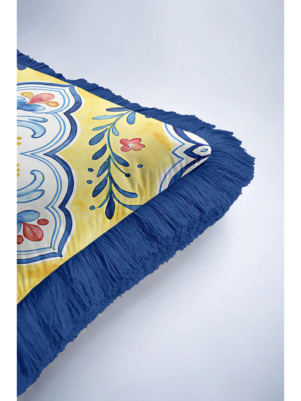 Karışık Saray Çini Motifli Saçaklı Yastık Kılıfı - Akdeniz Etnik Sarı Mavi Püsküllü Kırlent Kılıfı-6