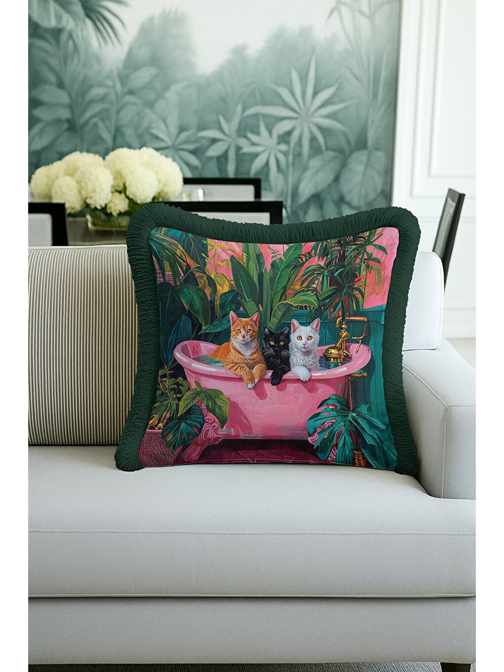 Karışık Tropikal Kedi Motifli Saçaklı Yastık Kılıfı - Renkli Banyo Bohem Zümrüt Püsküllü Kırlent Kılıfı-2