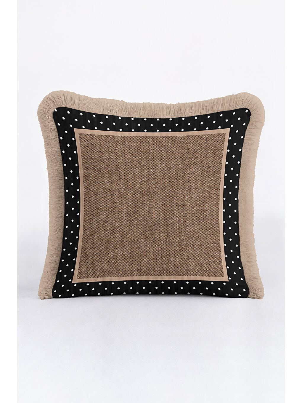 Karışık Zarif Puantiye Kenarlı Saçaklı Yastık Kılıfı - Country Modern Siyah Bej Püsküllü Kırlent Kılıfı-2