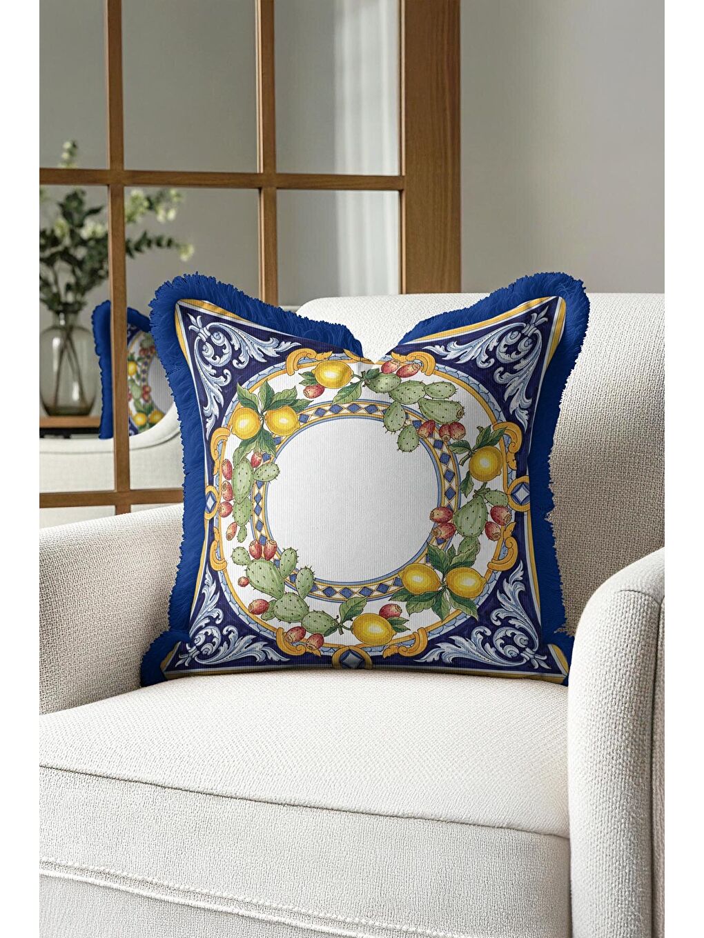 Karışık İtalyan Saray Stili Saçaklı Yastık Kılıfı - Akdeniz Limonlu Klasik Mavi Püsküllü Kırlent Kılıfı-2
