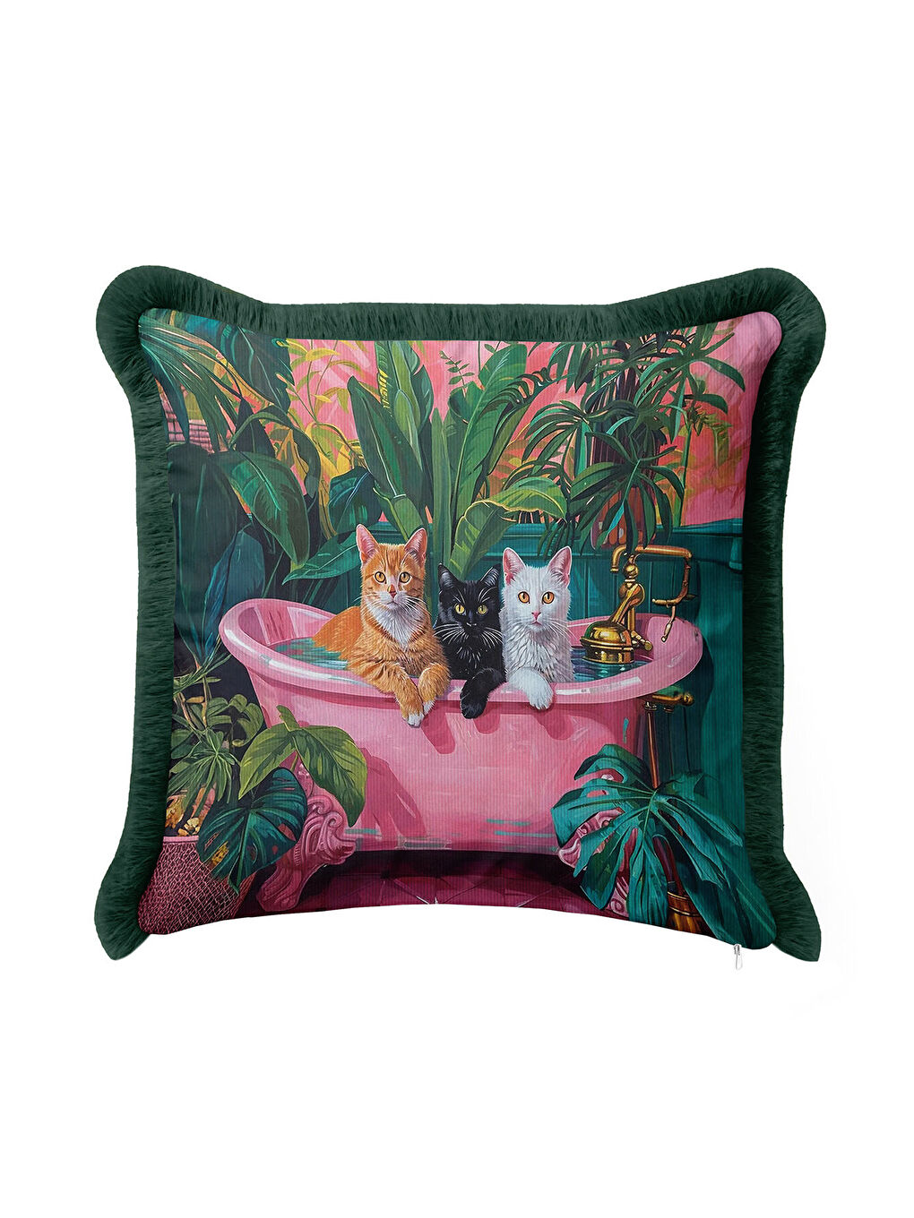 Karışık Tropikal Kedi Motifli Saçaklı Yastık Kılıfı - Renkli Banyo Bohem Zümrüt Püsküllü Kırlent Kılıfı-3