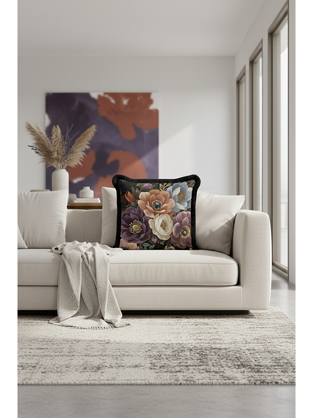 Karışık Zengin Çiçek Bahçesi Saçaklı Yastık Kılıfı - Bohem Lüks Siyah Altın Renkli Püsküllü Kırlent Kılıfı-3