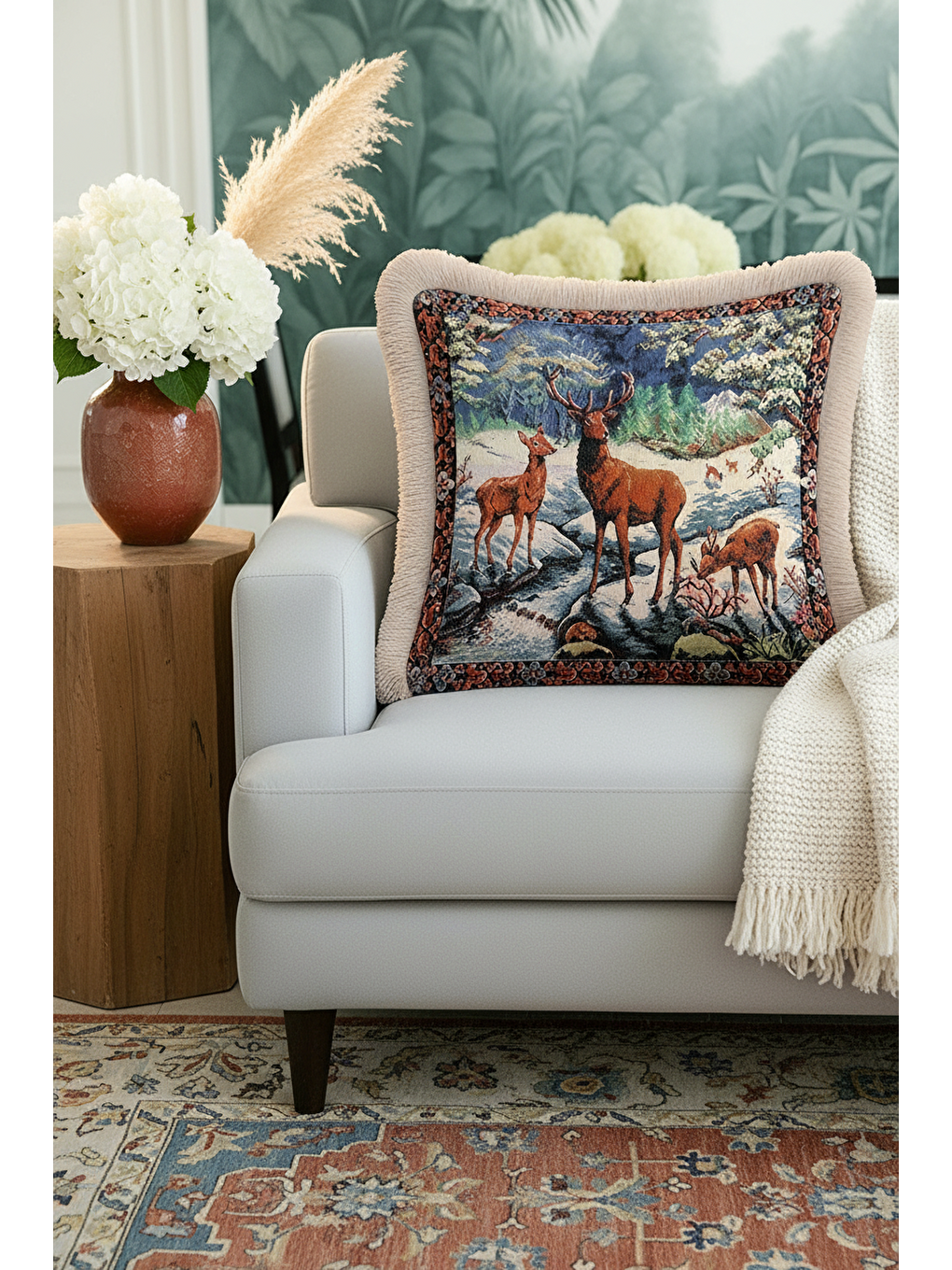 Karışık Lüks Orman Manzaralı Saçaklı Yastık Kılıfı - Geyik Figürlü Rustik Bej Püsküllü Kırlent Kılıfı-1