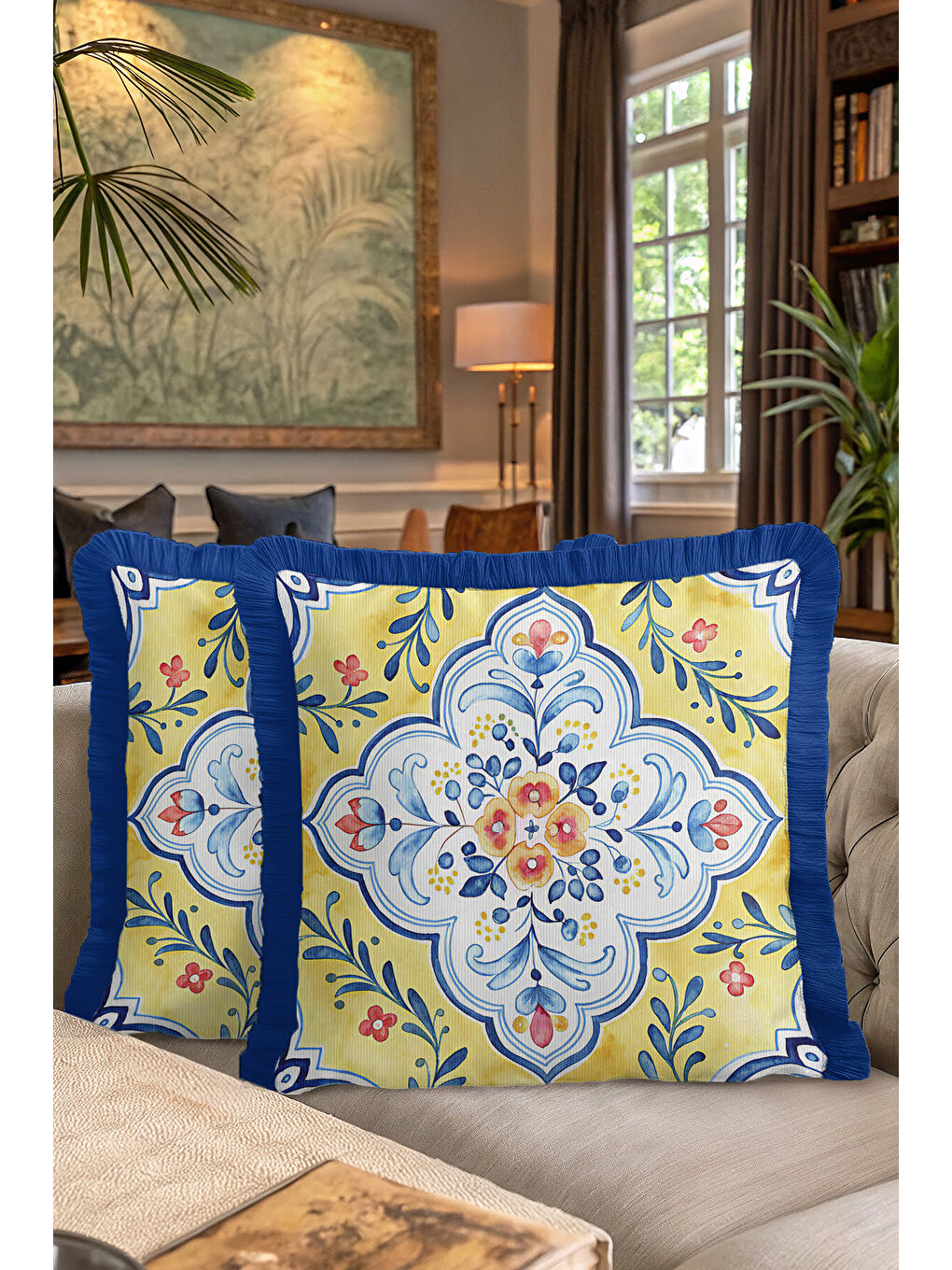 Karışık Saray Çini Motifli Saçaklı Yastık Kılıfı - Akdeniz Etnik Sarı Mavi Püsküllü Kırlent Kılıfı-7