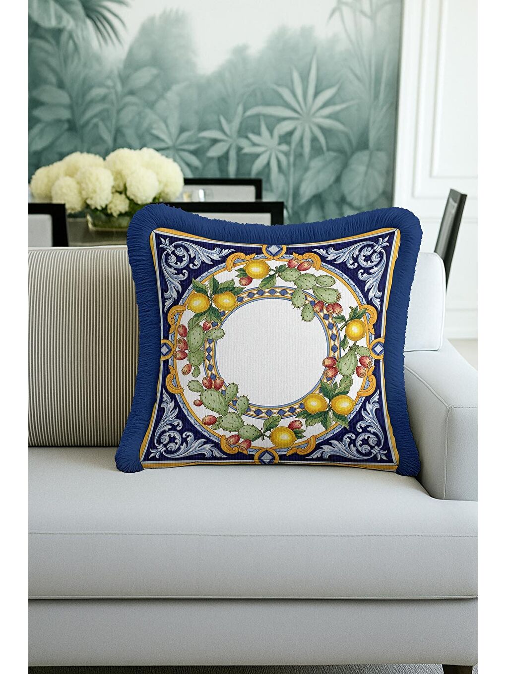Karışık İtalyan Saray Stili Saçaklı Yastık Kılıfı - Akdeniz Limonlu Klasik Mavi Püsküllü Kırlent Kılıfı-3