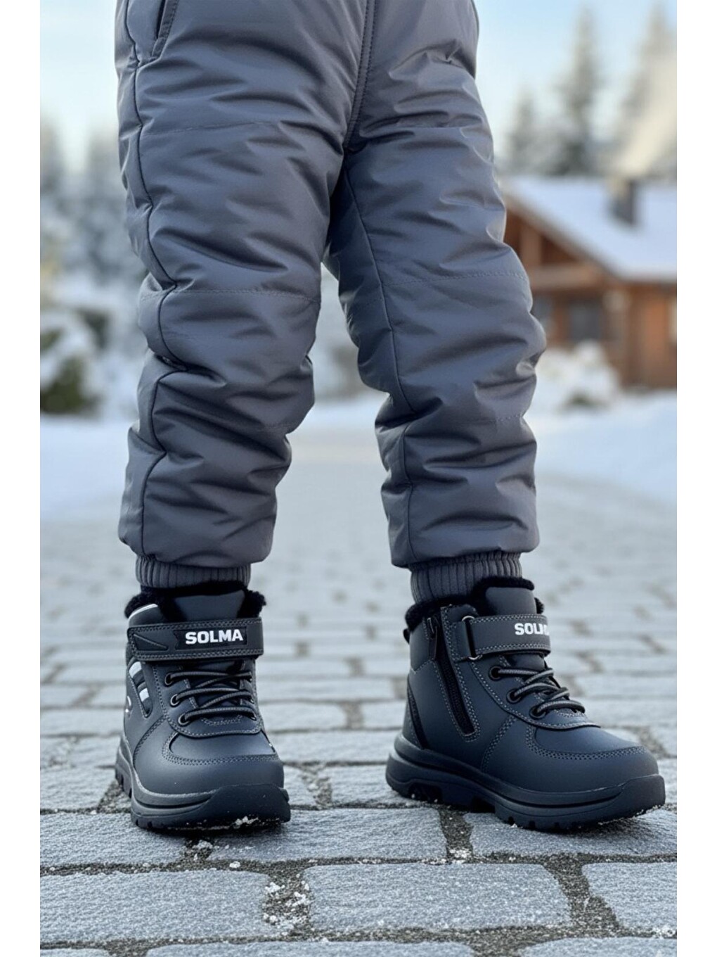 Antrasit Solly İçi Kürklü Fermuarlı Bantlı Unisex Çocuk Bot-1
