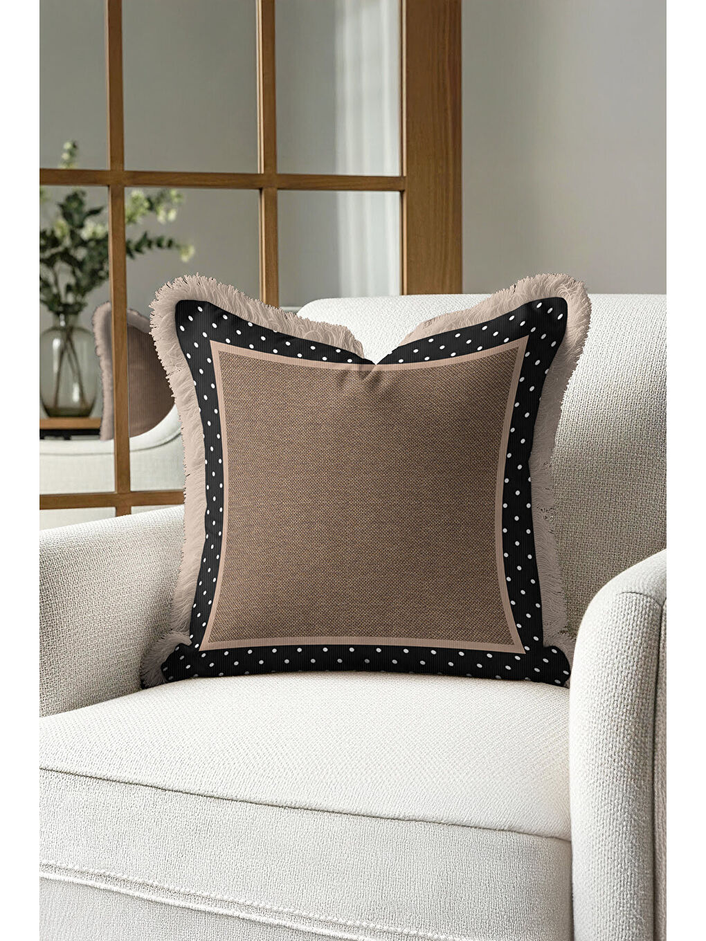 Karışık Zarif Puantiye Kenarlı Saçaklı Yastık Kılıfı - Country Modern Siyah Bej Püsküllü Kırlent Kılıfı-3