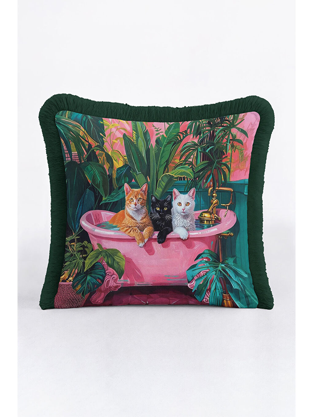 Karışık Tropikal Kedi Motifli Saçaklı Yastık Kılıfı - Renkli Banyo Bohem Zümrüt Püsküllü Kırlent Kılıfı-4