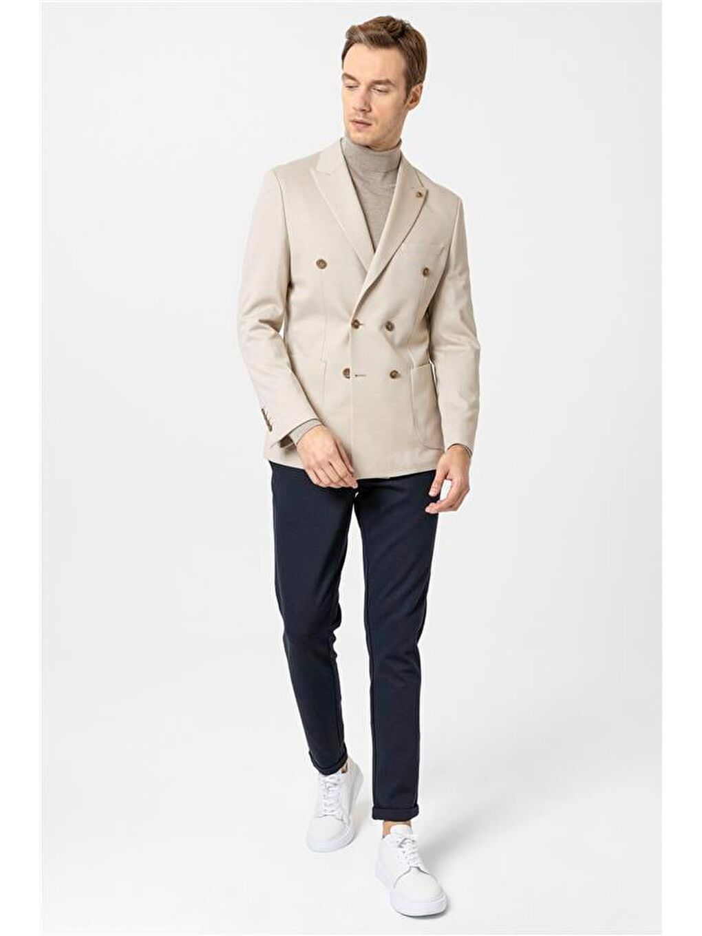 Bej Slim Düz Sivri Yaka 6 Drop Ceket-2