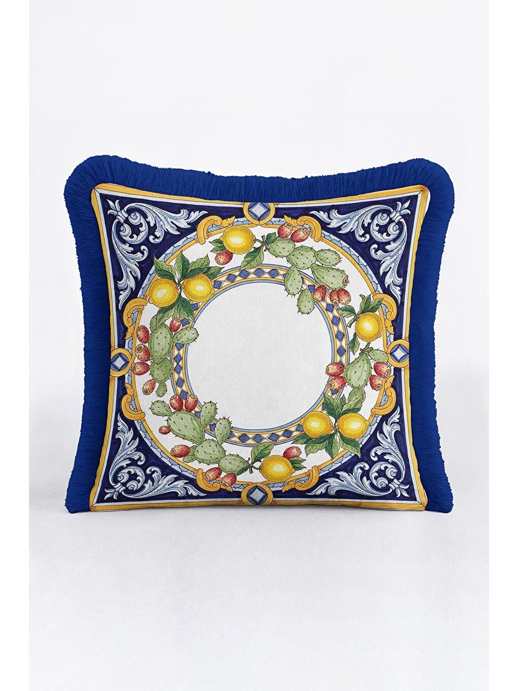 Karışık İtalyan Saray Stili Saçaklı Yastık Kılıfı - Akdeniz Limonlu Klasik Mavi Püsküllü Kırlent Kılıfı-4