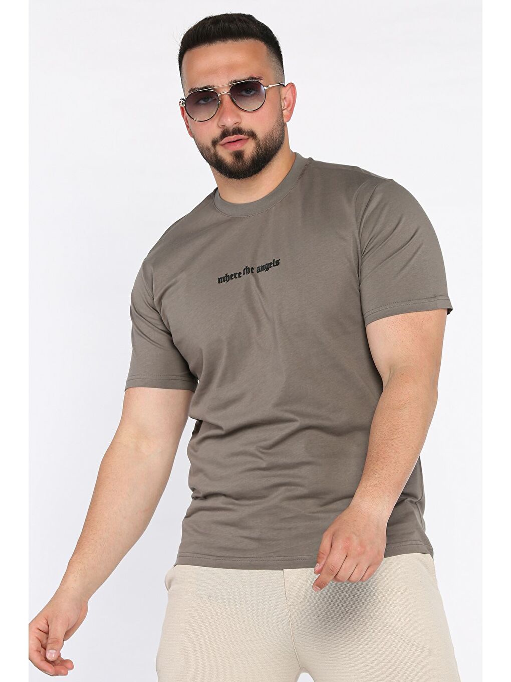 Bej Erkek Bisiklet Yaka Silikon Kabartma Baskılı Tişört