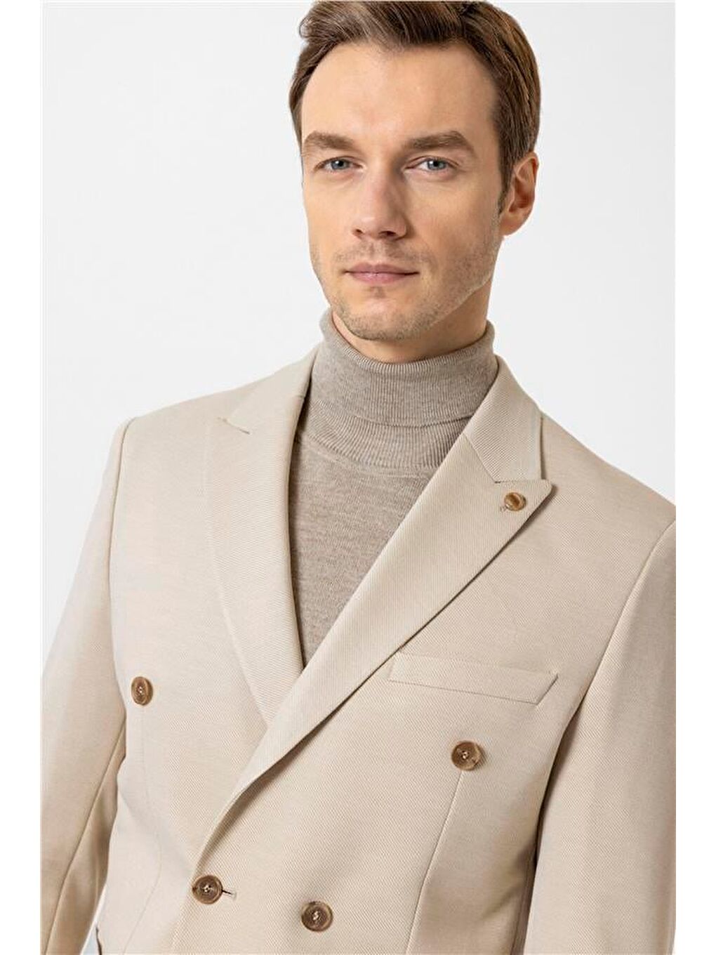 Bej Slim Düz Sivri Yaka 6 Drop Ceket-3